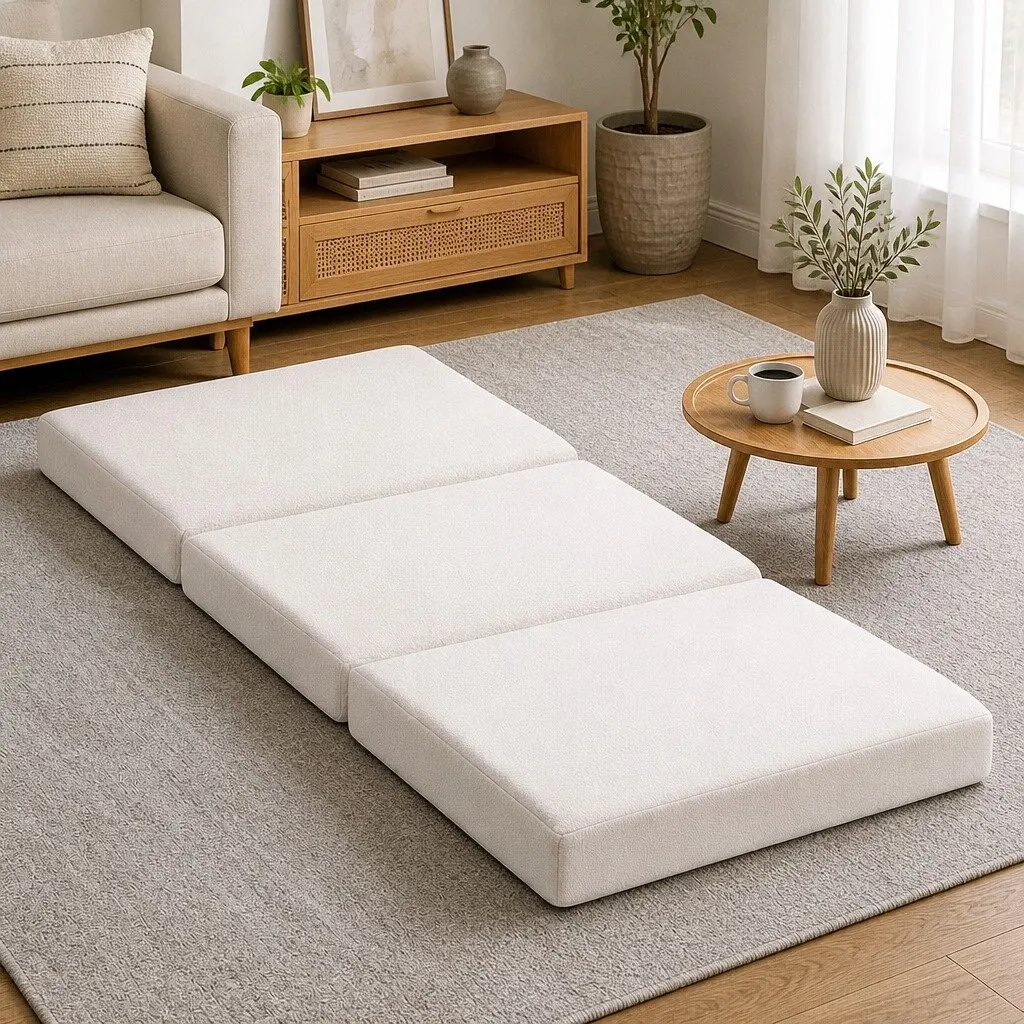 Foldable Foam Mattress 3-Fold Convertible Chair Bed Portable Single Sherpa Fleece 190cm L x 79cm W x 10cm H High-Density Foam