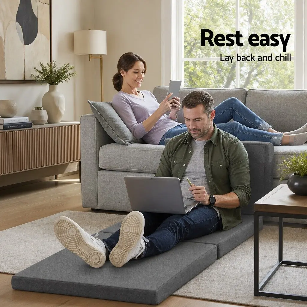 Foldable Foam Mattress Chair Sofa Grey Removable Washable Cover 190cm x 79cm x 10cm Polyester