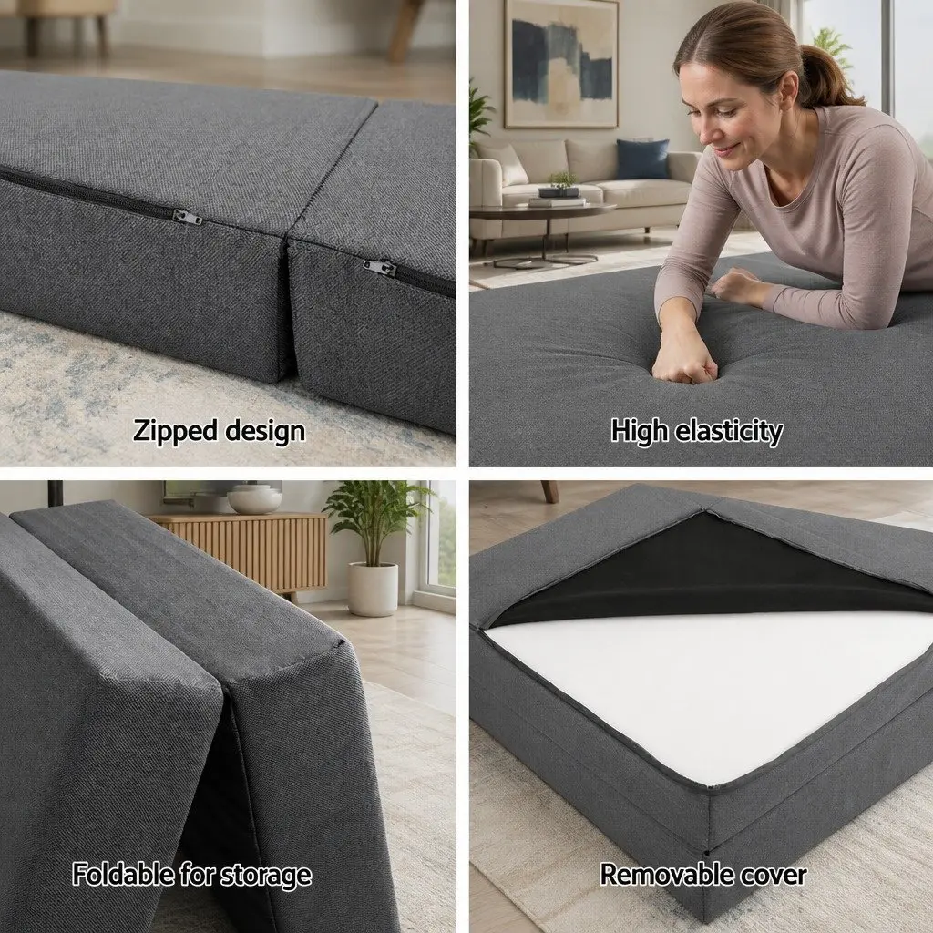 Foldable Foam Mattress Chair Sofa Grey Removable Washable Cover 190cm x 79cm x 10cm Polyester