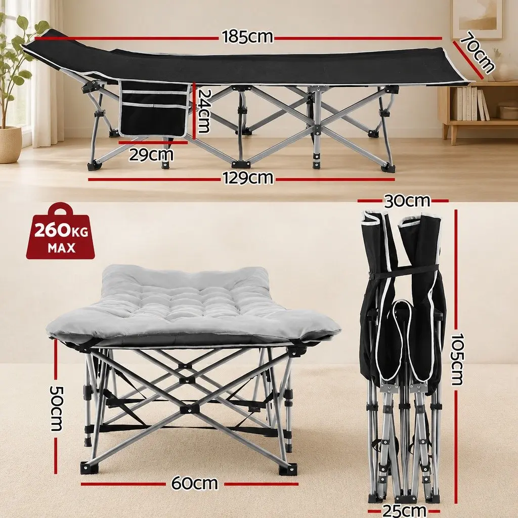 Folding Bed Portable Grey 185cm Metal Frame Oxford Fabric Cotton Mattress
