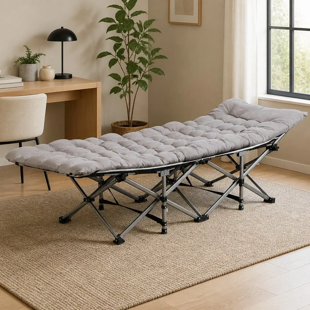 Folding Bed Portable Grey 185cm Metal Frame Oxford Fabric Cotton Mattress