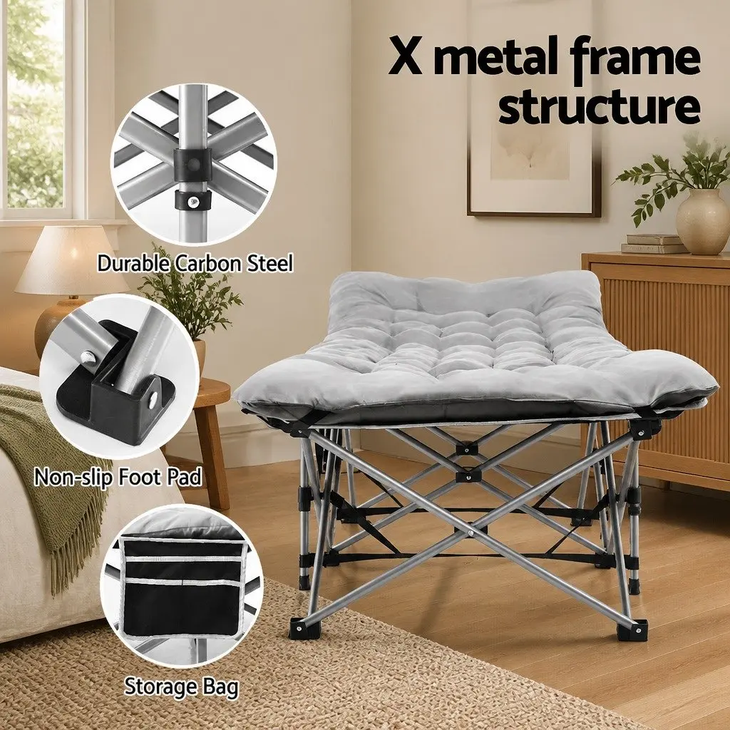 Folding Bed Portable Grey 185cm Metal Frame Oxford Fabric Cotton Mattress