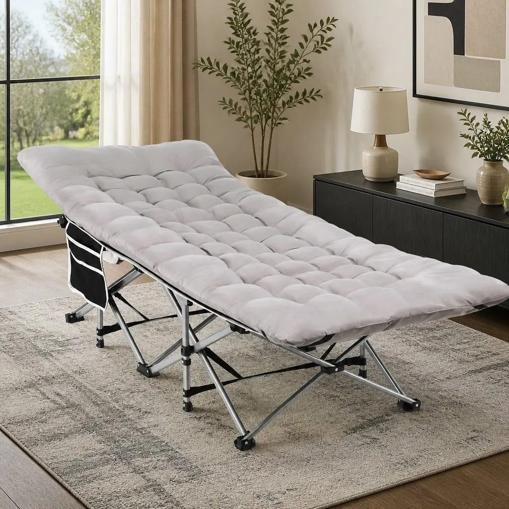 Folding Bed Portable Grey 185cm Metal Frame Oxford Fabric Cotton Mattress
