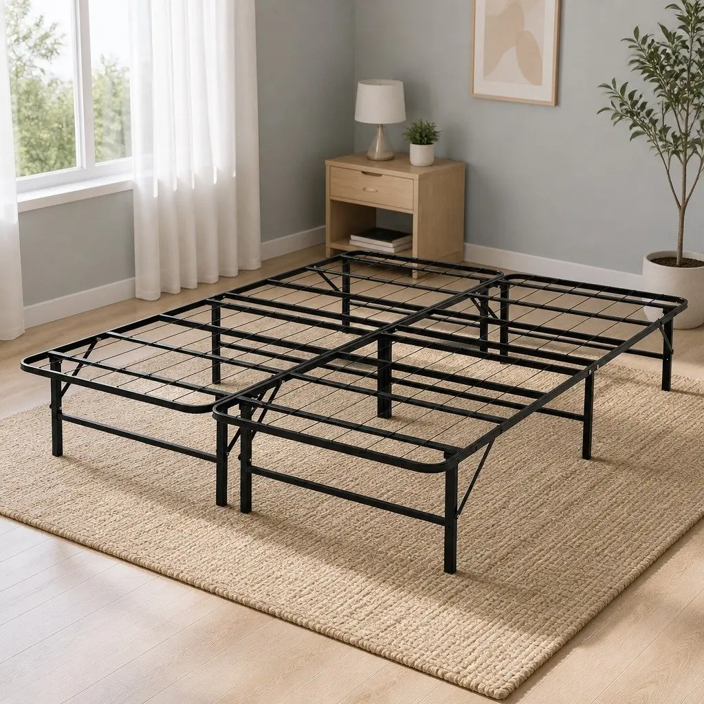Queen Size Folding Bed Frame with Metal Base in Black