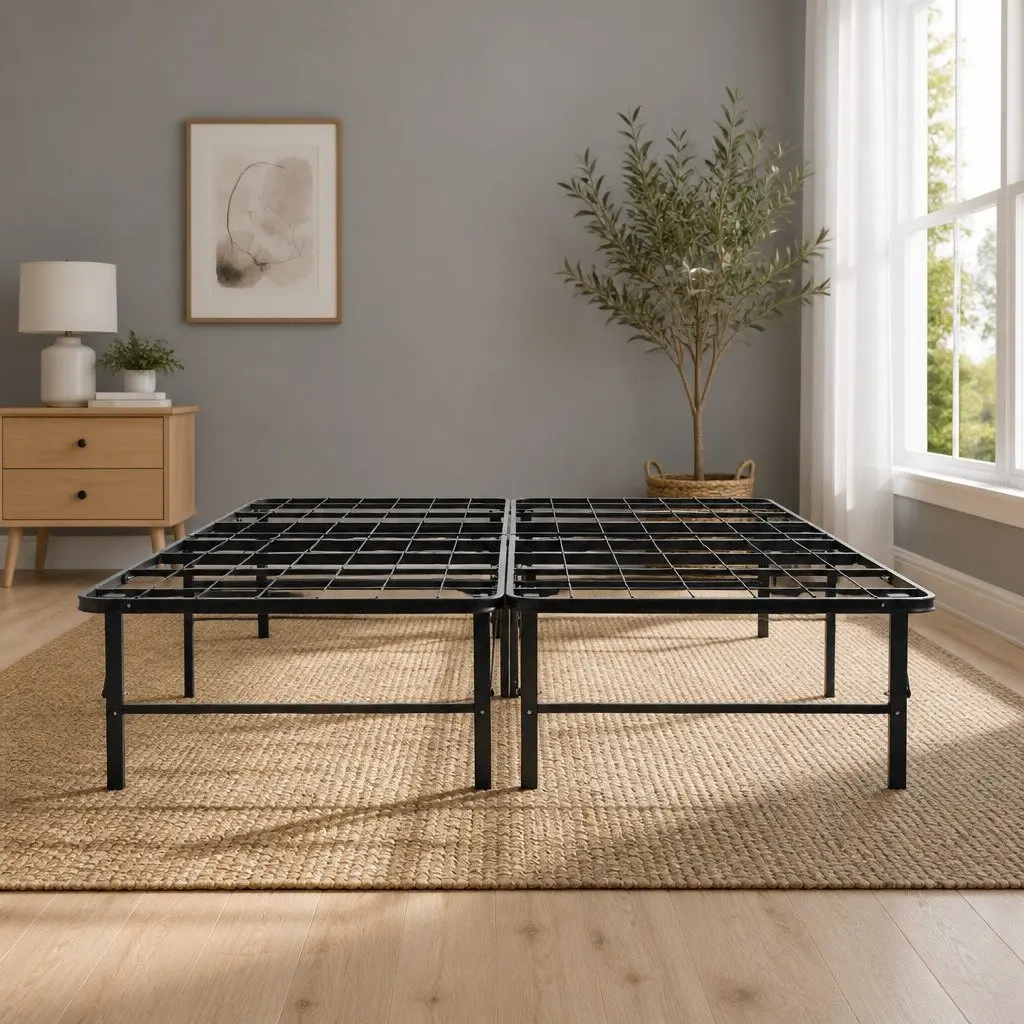Queen Size Folding Bed Frame with Metal Base in Black
