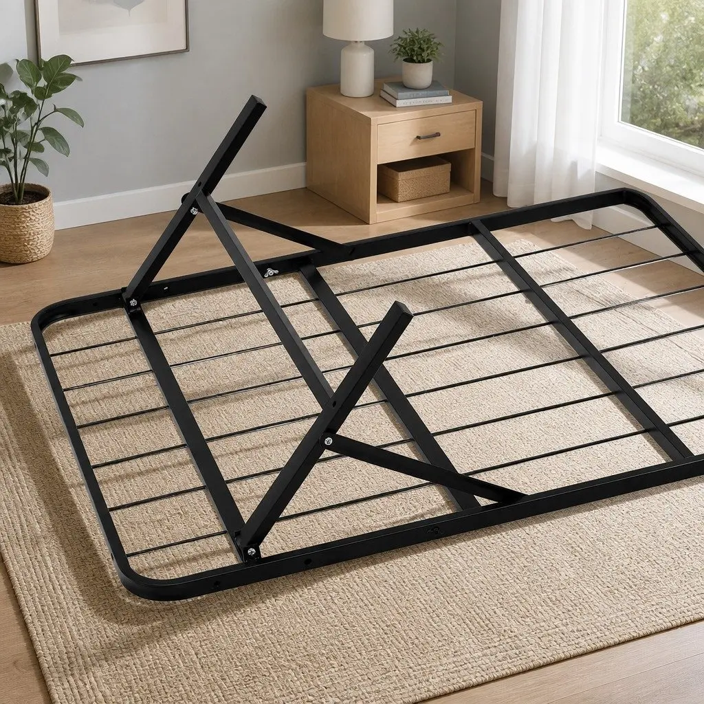 Queen Size Folding Bed Frame with Metal Base in Black