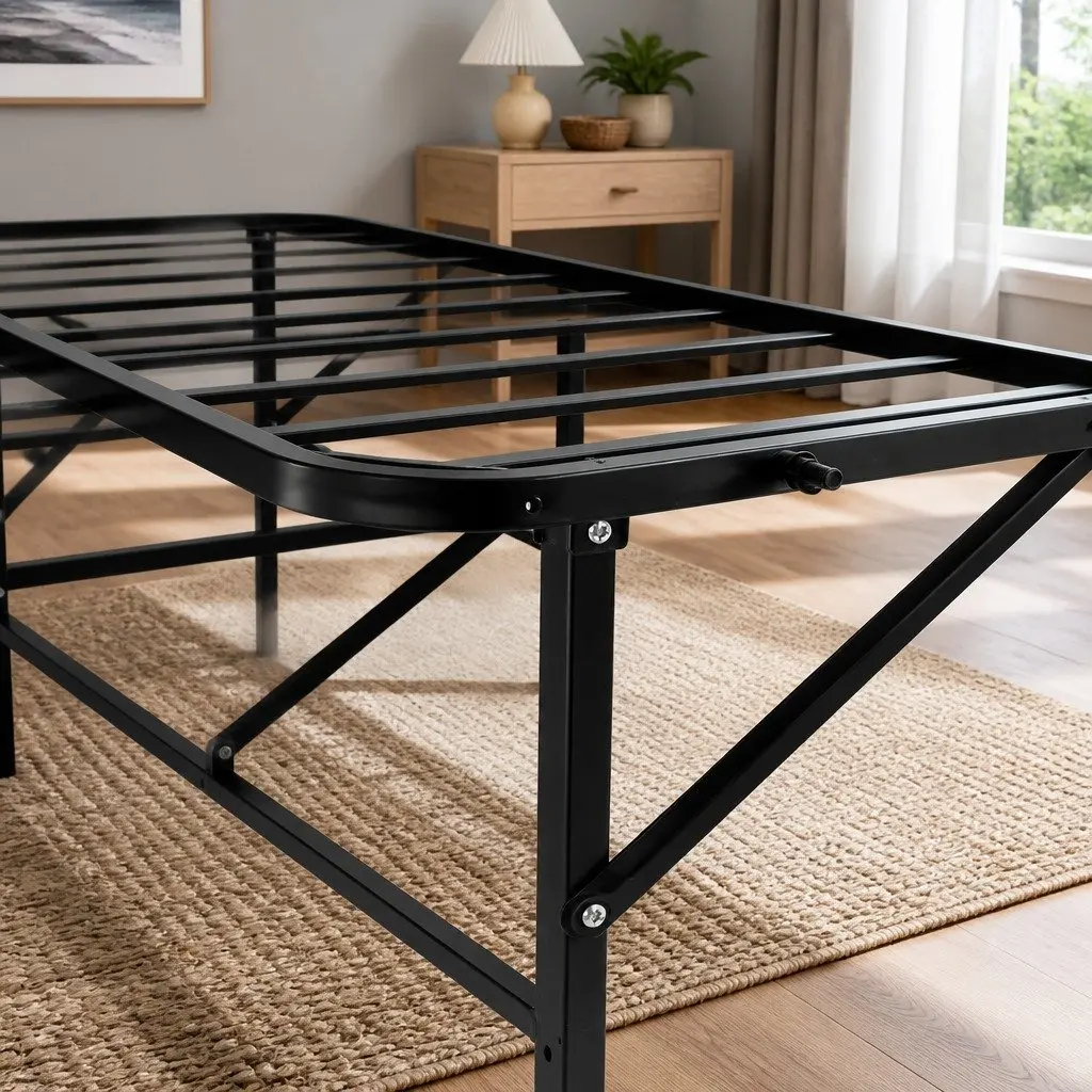 Queen Size Folding Bed Frame with Metal Base in Black