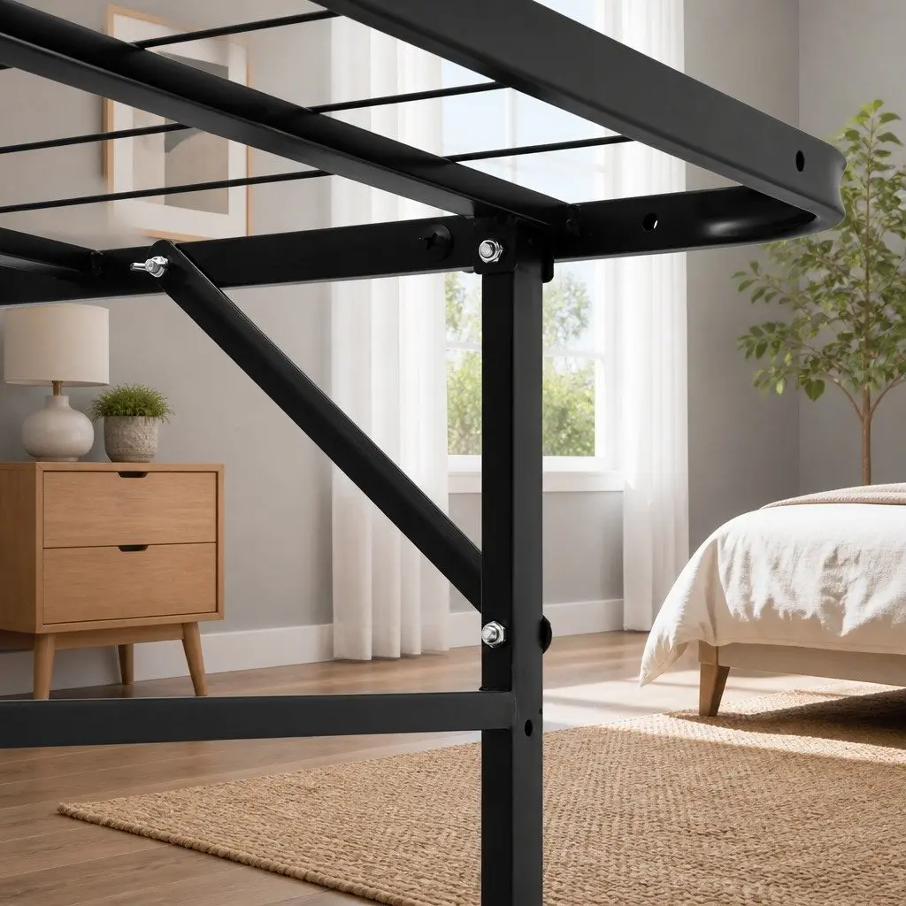 Queen Size Folding Bed Frame with Metal Base in Black