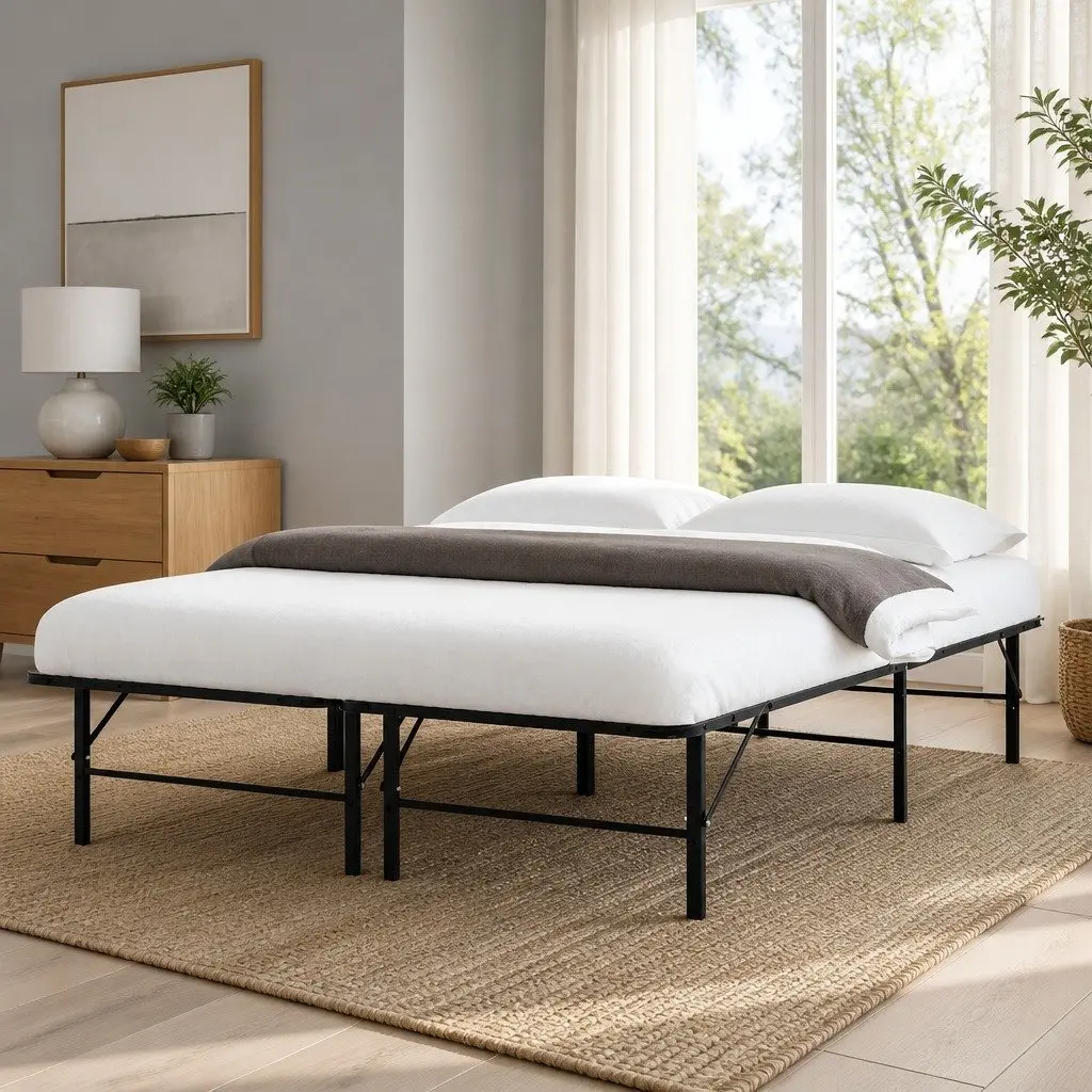 Queen Size Folding Bed Frame with Metal Base in Black