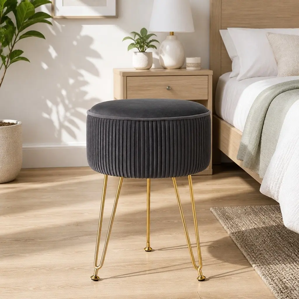 Round Ottoman Footstool Velvet Vertical Stripe Grey MDF Frame Metal Legs