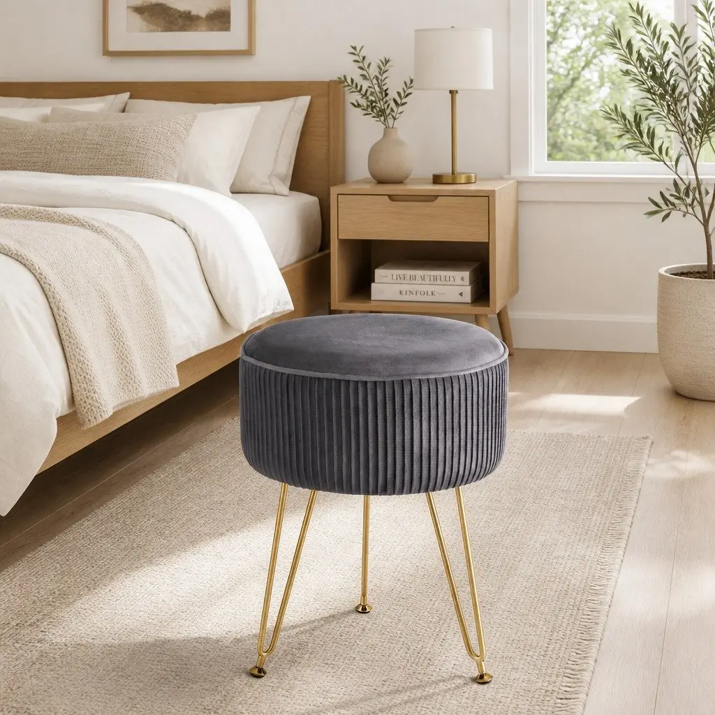 Round Ottoman Footstool Velvet Vertical Stripe Grey MDF Frame Metal Legs