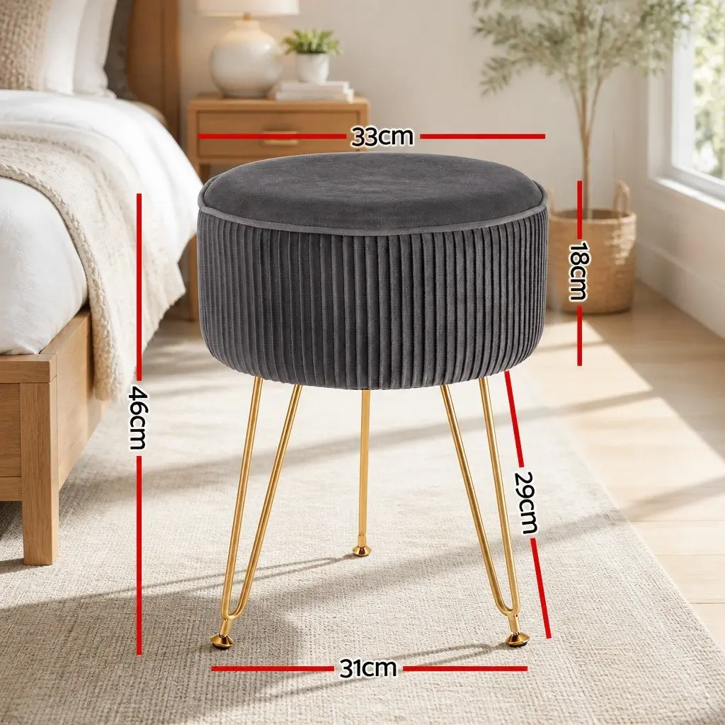 Round Ottoman Footstool Velvet Vertical Stripe Grey MDF Frame Metal Legs