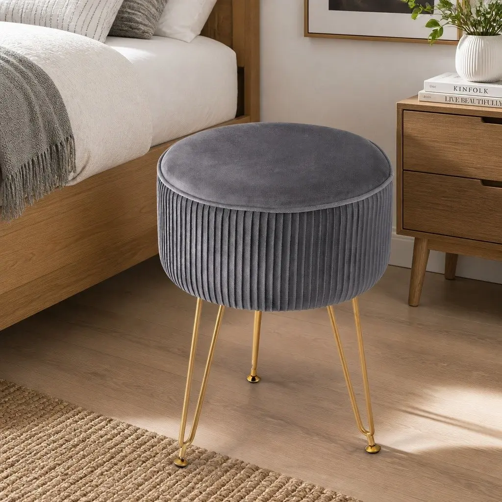 Round Ottoman Footstool Velvet Vertical Stripe Grey MDF Frame Metal Legs