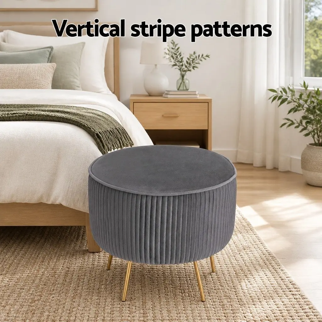 Round Ottoman Footstool Velvet Vertical Stripe Grey MDF Frame Metal Legs