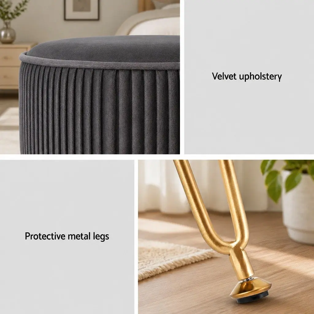 Round Ottoman Footstool Velvet Vertical Stripe Grey MDF Frame Metal Legs