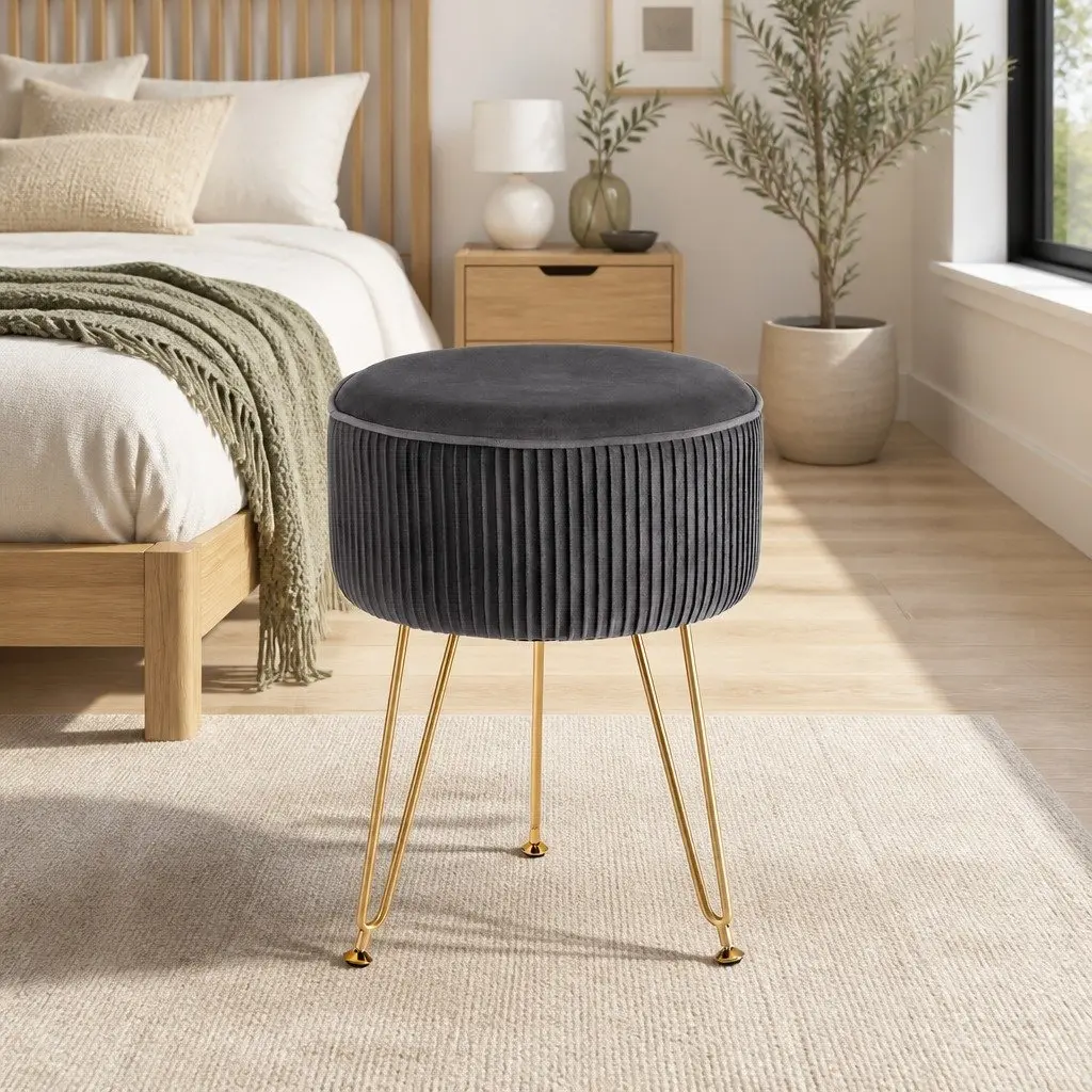 Round Ottoman Footstool Velvet Vertical Stripe Grey MDF Frame Metal Legs