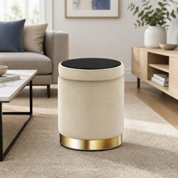 Cream Velvet Round Ottoman Storage Footstool