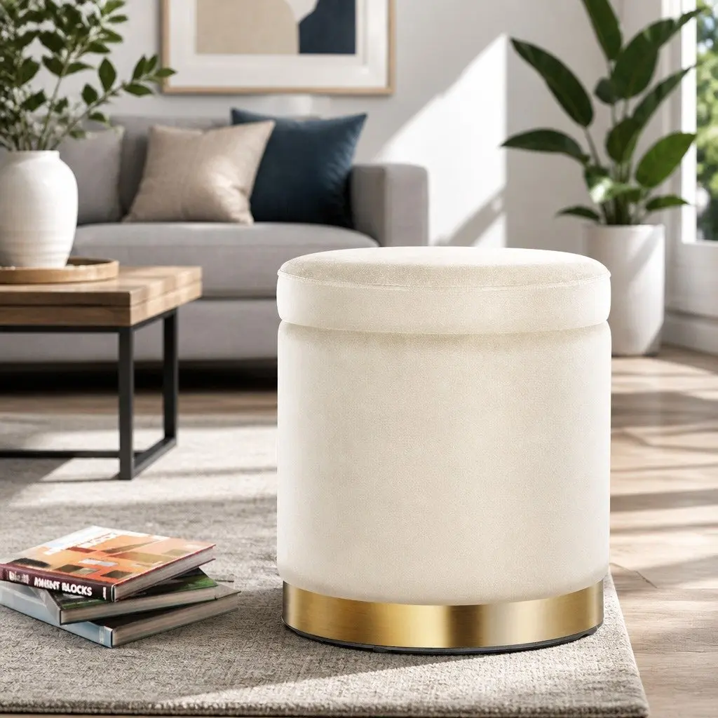 Round Ottoman Storage Footstool Velvet Cream Tufted 40cm x 40cm x 45cm MDF Plywood