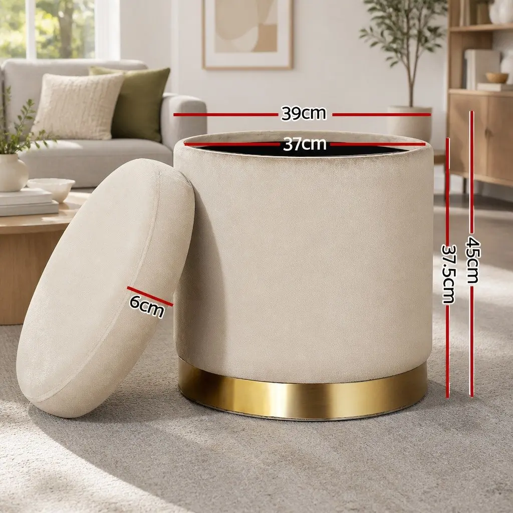 Round Ottoman Storage Footstool Velvet Cream Tufted 40cm x 40cm x 45cm MDF Plywood