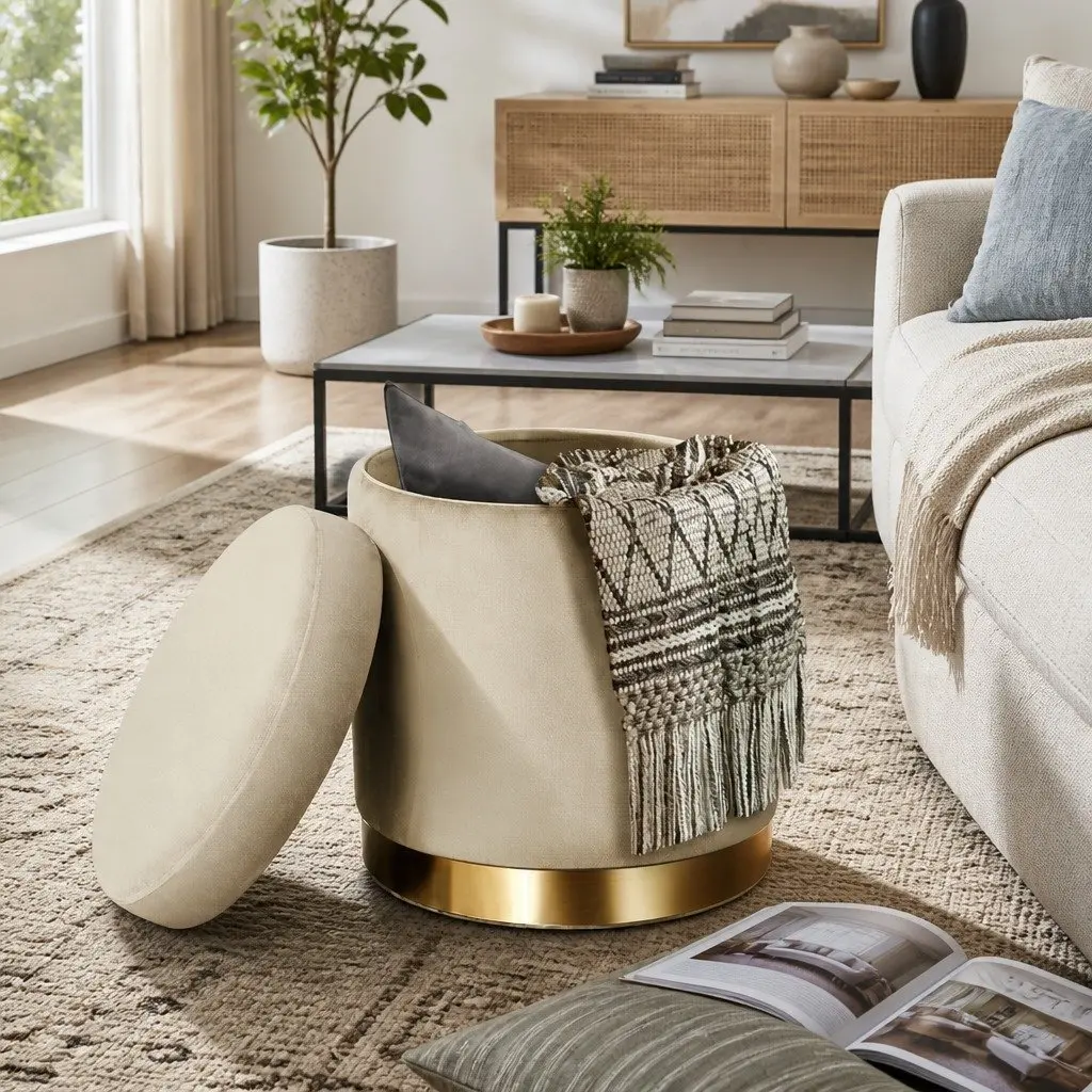 Round Ottoman Storage Footstool Velvet Cream Tufted 40cm x 40cm x 45cm MDF Plywood