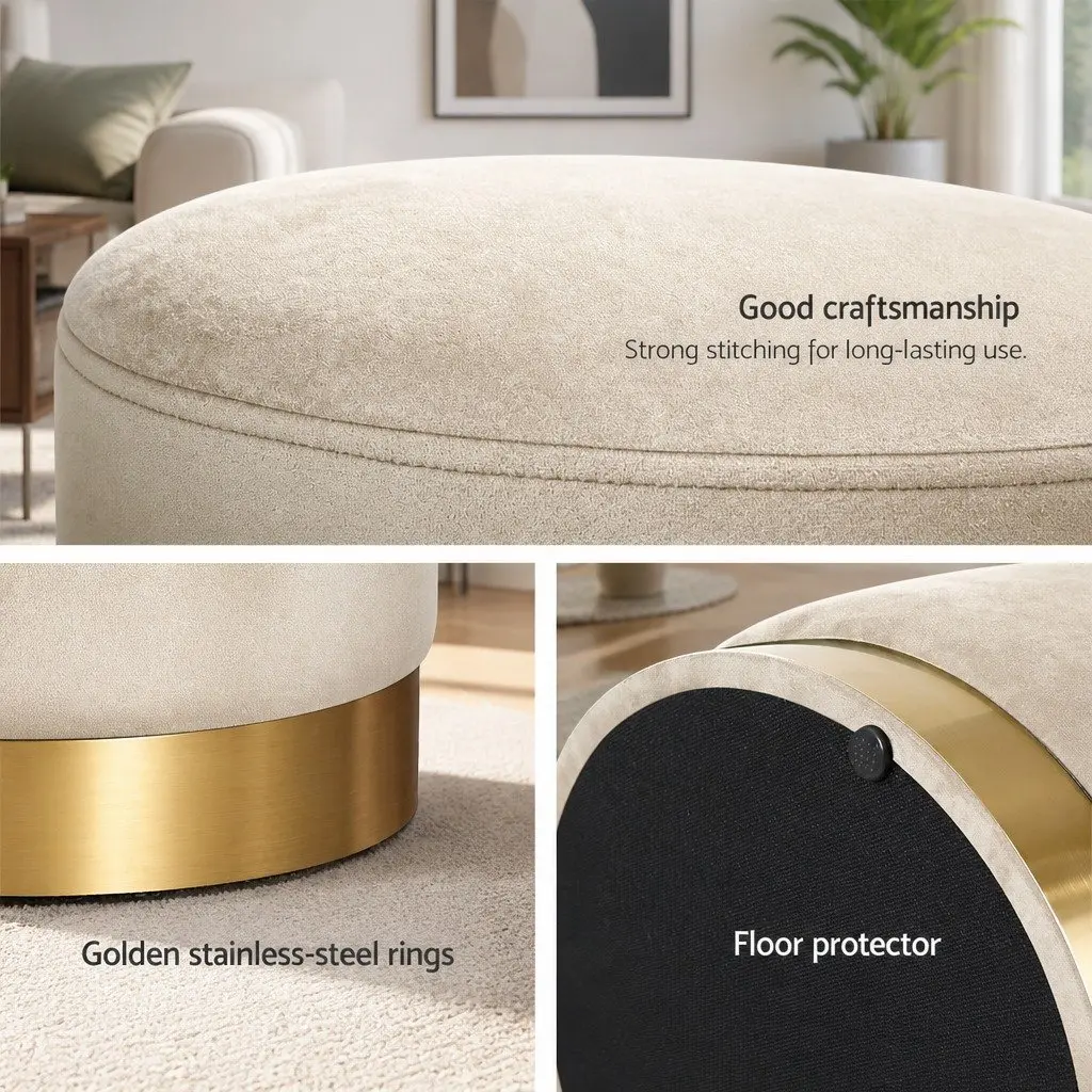 Round Ottoman Storage Footstool Velvet Cream Tufted 40cm x 40cm x 45cm MDF Plywood