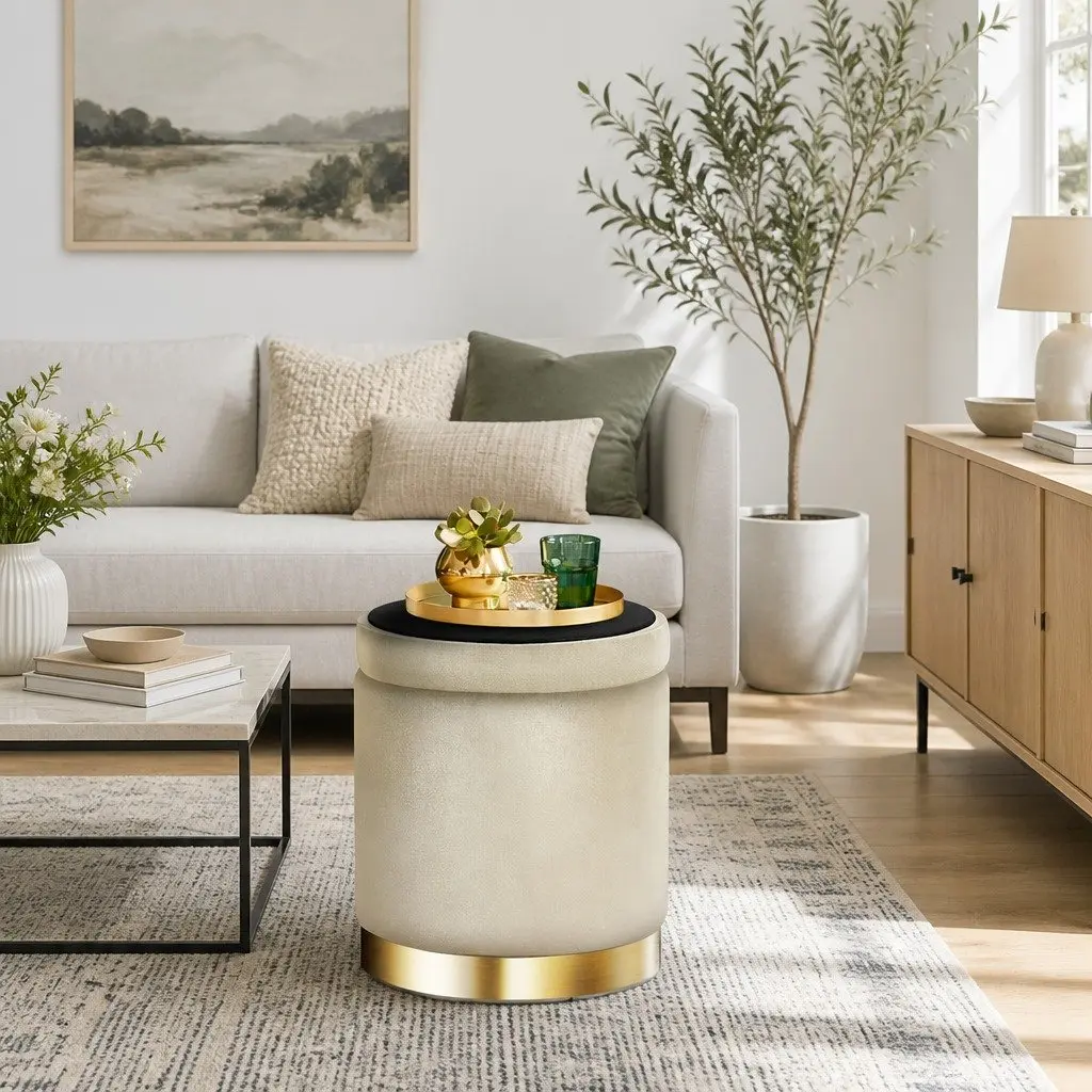 Round Ottoman Storage Footstool Velvet Cream Tufted 40cm x 40cm x 45cm MDF Plywood