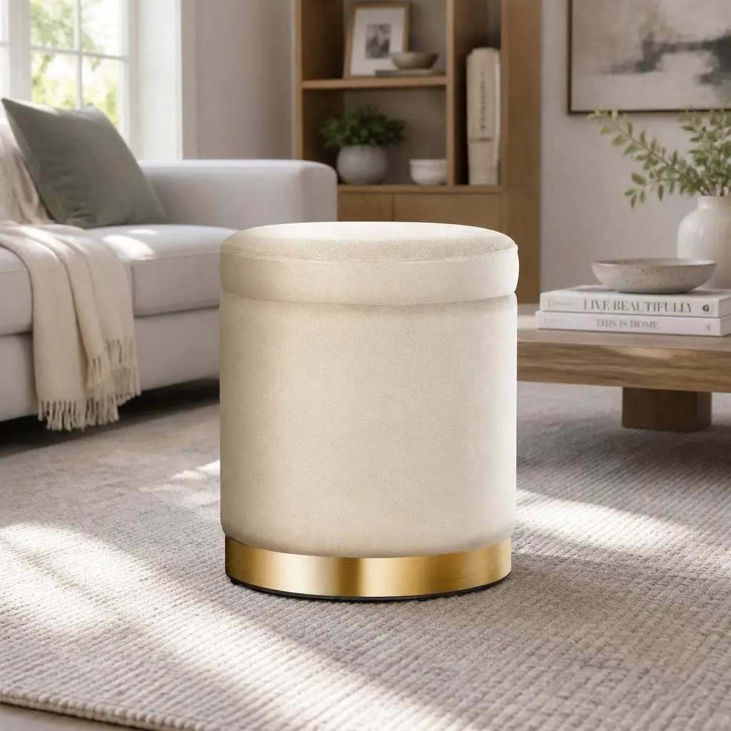 Round Ottoman Storage Footstool Velvet Cream Tufted 40cm x 40cm x 45cm MDF Plywood