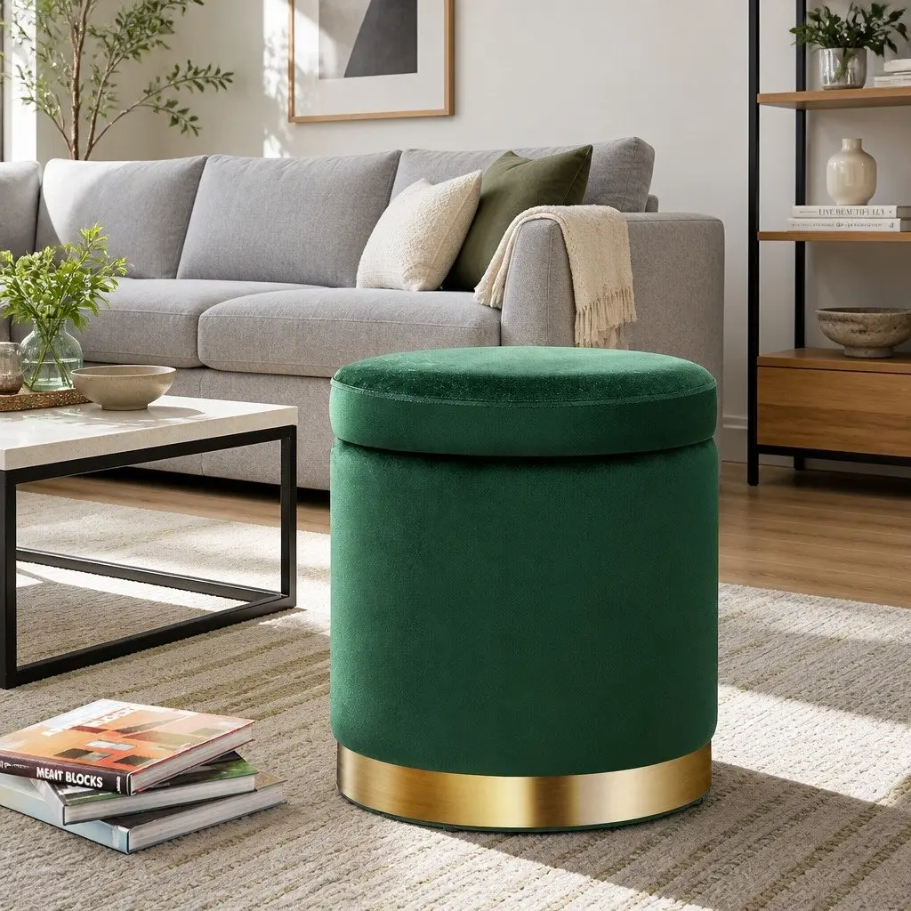 Ottoman Storage Foot Stool Round Velvet Green Tufted Seat 40cm x 40cm x 45cm MDF Plywood High-Density Foam
