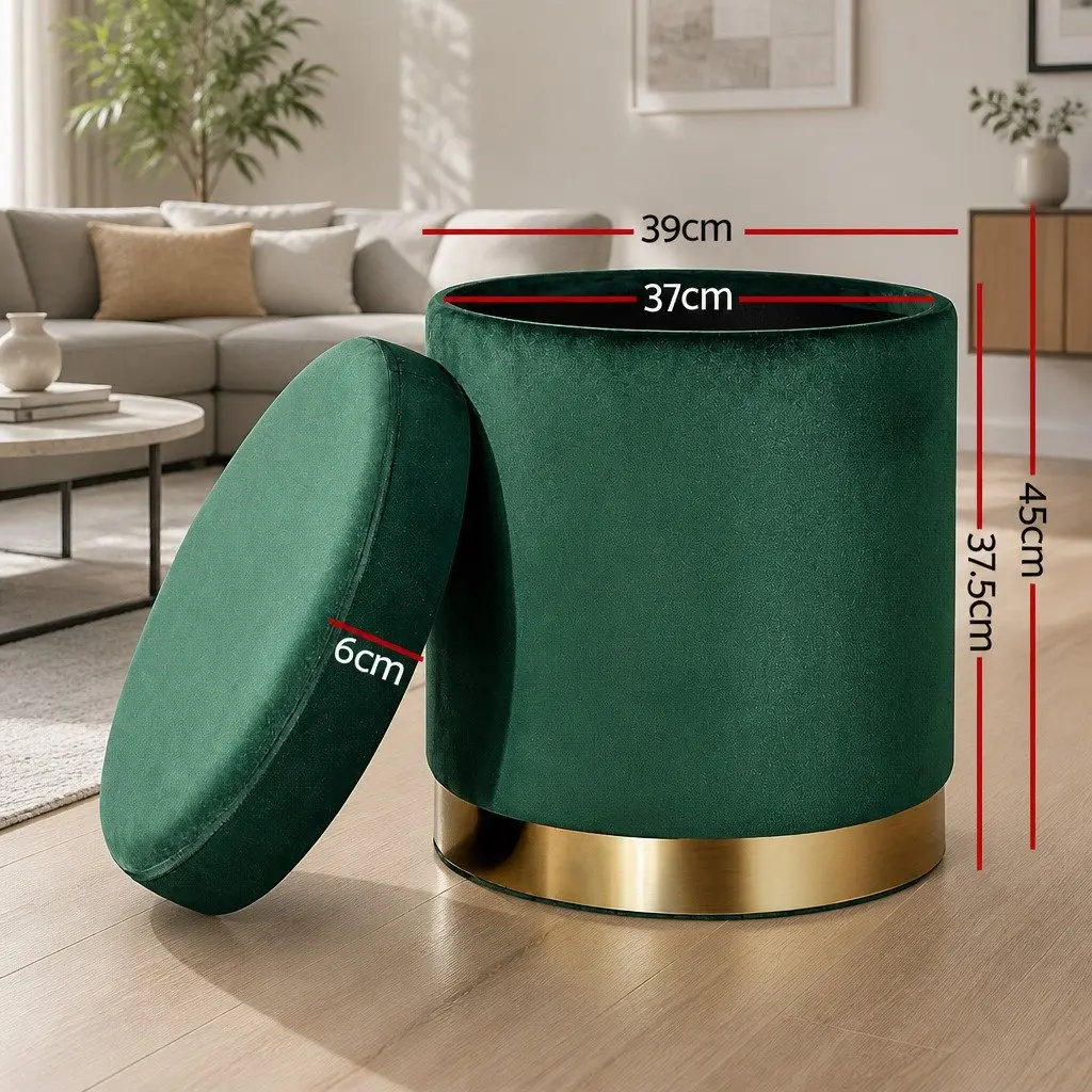 Ottoman Storage Foot Stool Round Velvet Green Tufted Seat 40cm x 40cm x 45cm MDF Plywood High-Density Foam