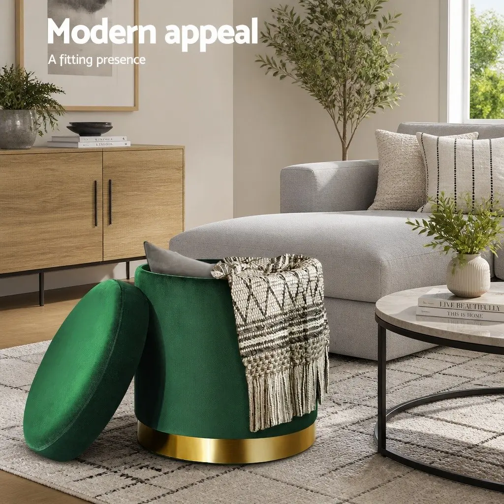 Ottoman Storage Foot Stool Round Velvet Green Tufted Seat 40cm x 40cm x 45cm MDF Plywood High-Density Foam