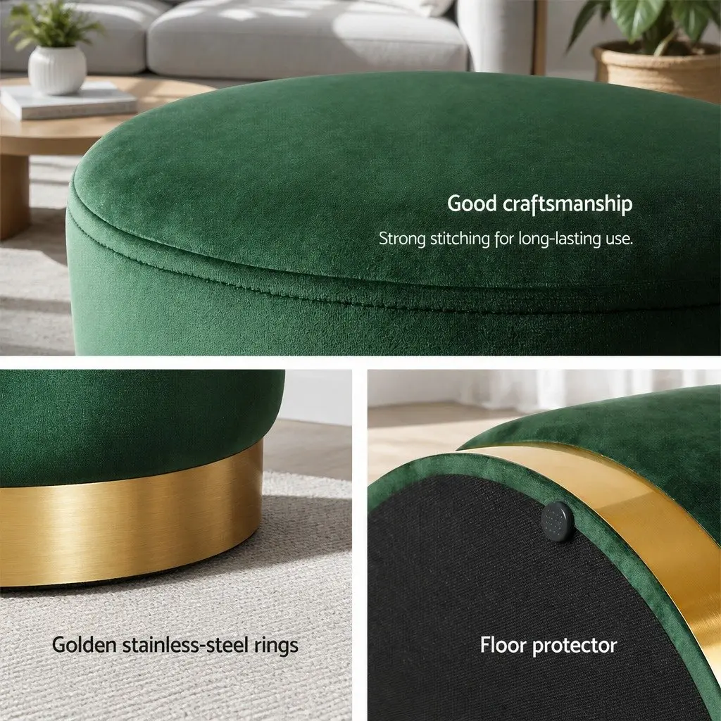 Ottoman Storage Foot Stool Round Velvet Green Tufted Seat 40cm x 40cm x 45cm MDF Plywood High-Density Foam