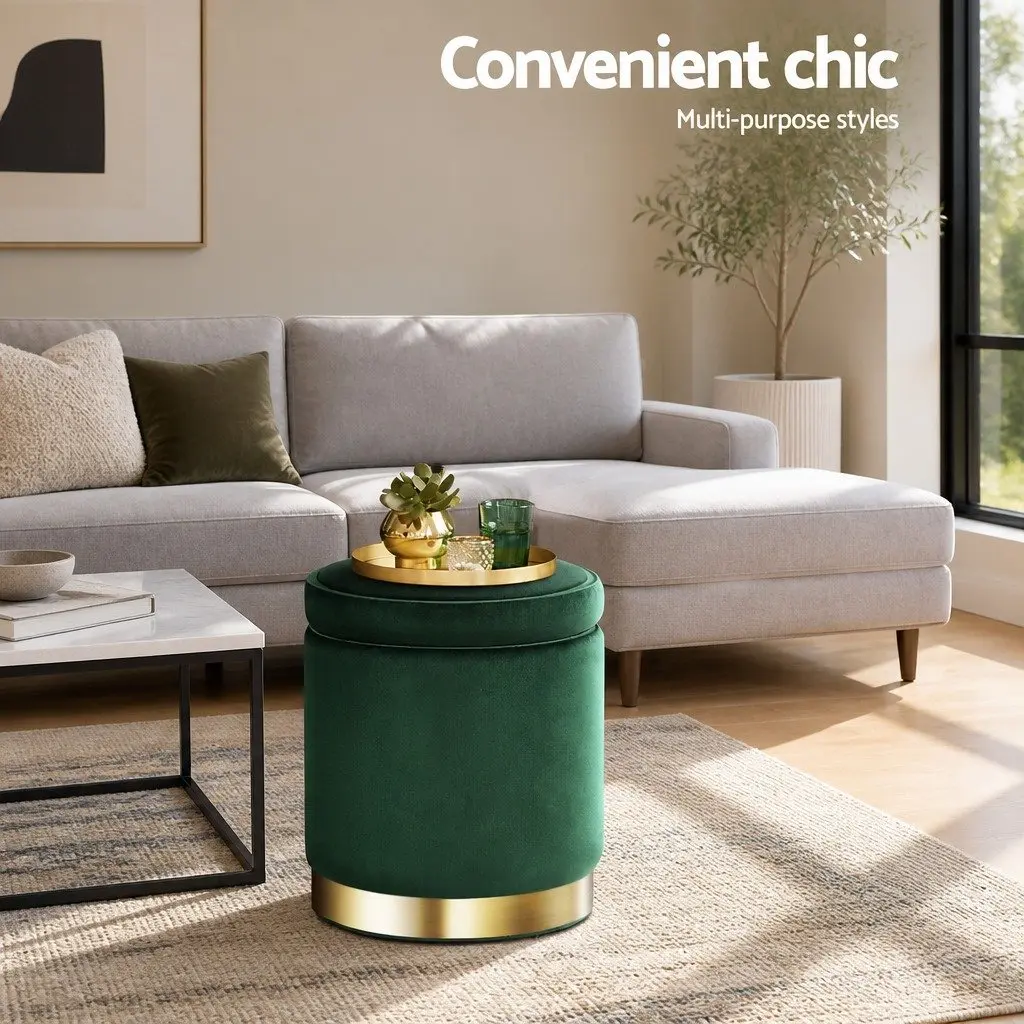 Ottoman Storage Foot Stool Round Velvet Green Tufted Seat 40cm x 40cm x 45cm MDF Plywood High-Density Foam