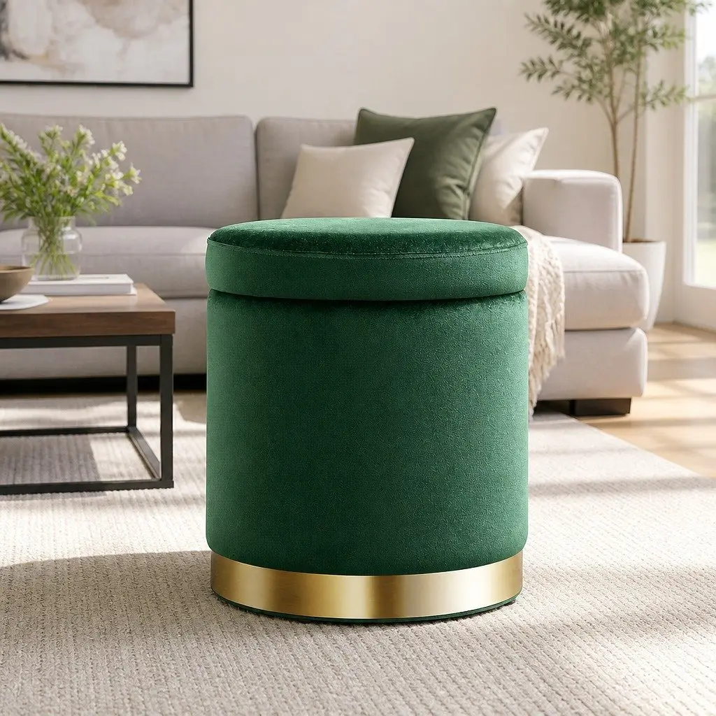 Ottoman Storage Foot Stool Round Velvet Green Tufted Seat 40cm x 40cm x 45cm MDF Plywood High-Density Foam