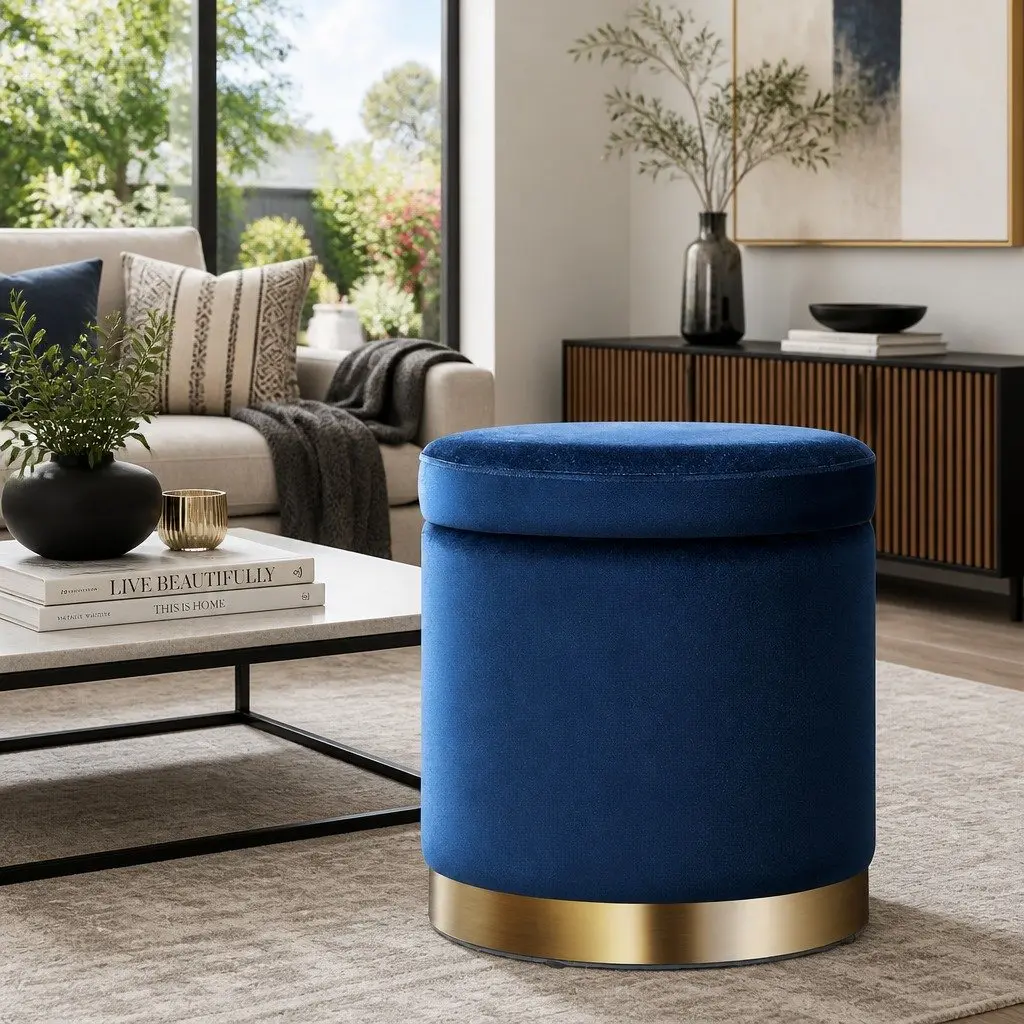 Ottoman Storage Foot Stool Round Velvet Navy Tufted Seat with High Resilience