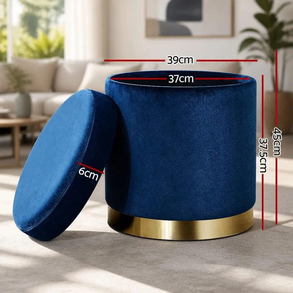 Ottoman Storage Foot Stool Round Velvet Navy Tufted Seat with High Resilience