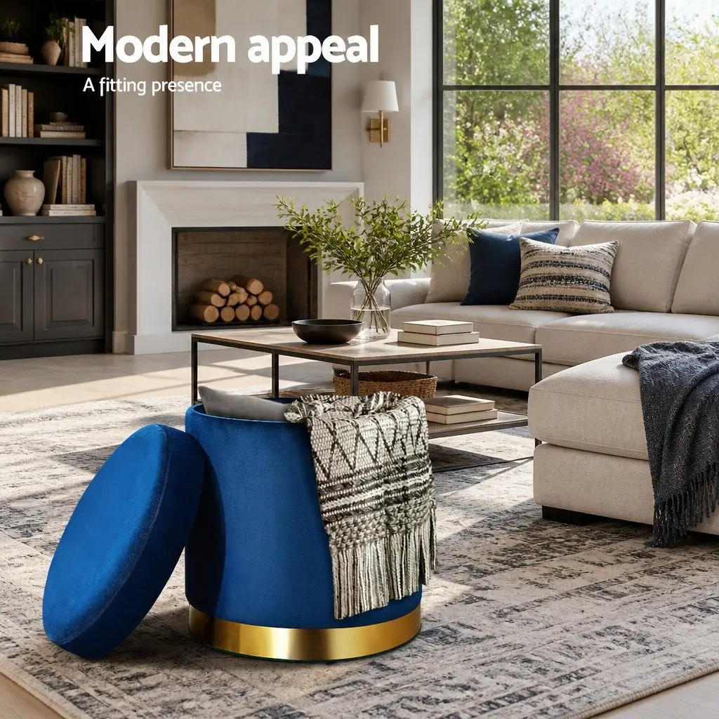 Ottoman Storage Foot Stool Round Velvet Navy Tufted Seat with High Resilience