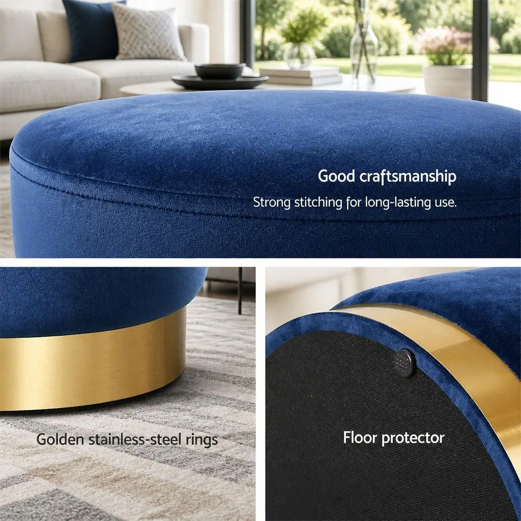 Ottoman Storage Foot Stool Round Velvet Navy Tufted Seat with High Resilience