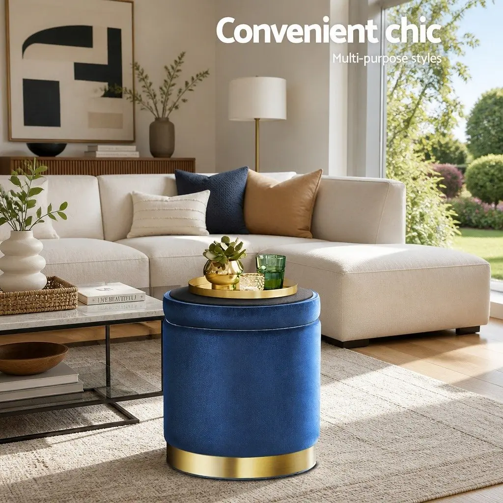 Ottoman Storage Foot Stool Round Velvet Navy Tufted Seat with High Resilience