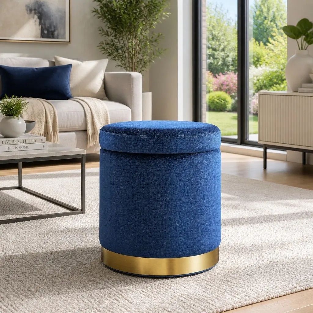 Ottoman Storage Foot Stool Round Velvet Navy Tufted Seat with High Resilience