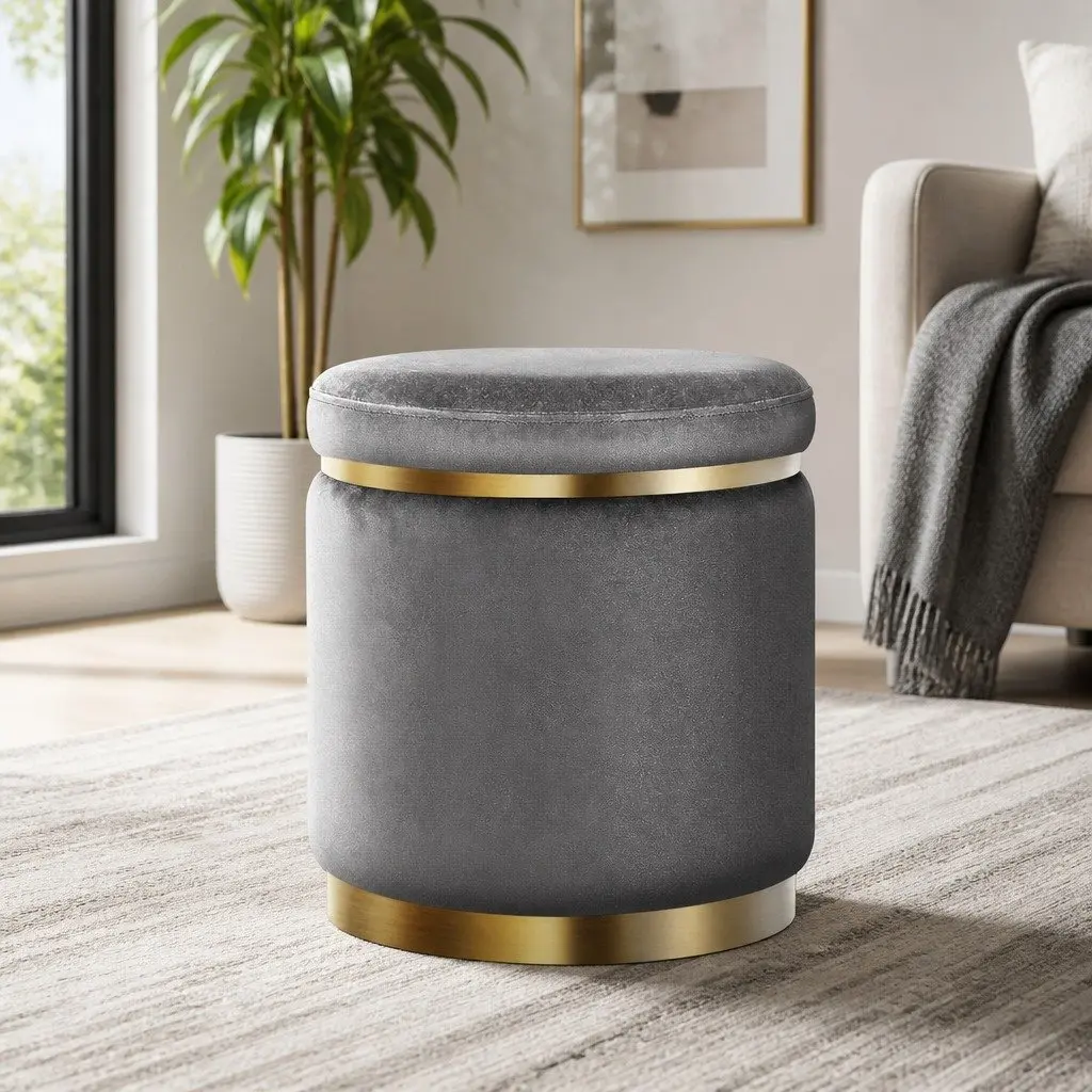 Charcoal Grey Velvet Round Ottoman Foot Stool
