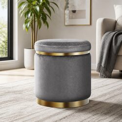 Charcoal Grey Velvet Round Ottoman Foot Stool