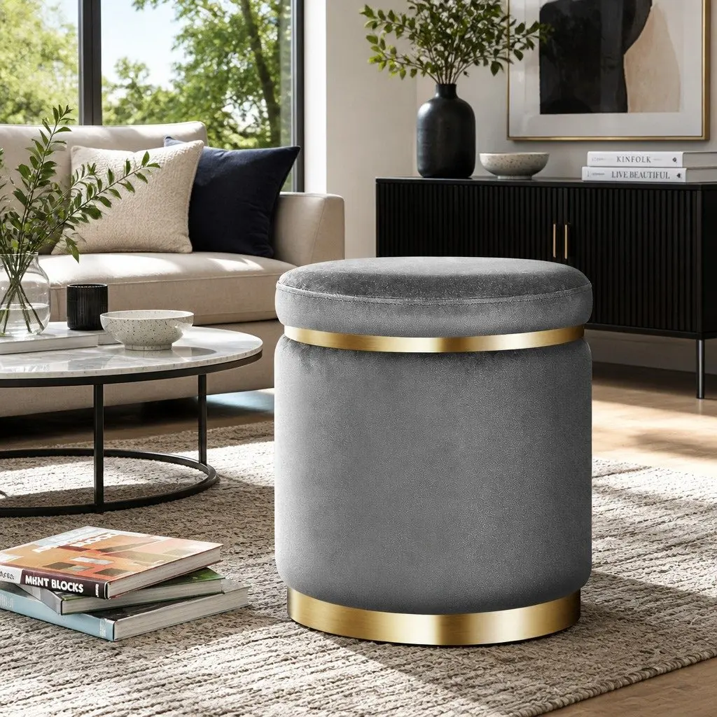 Charcoal Grey Velvet Round Ottoman Foot Stool