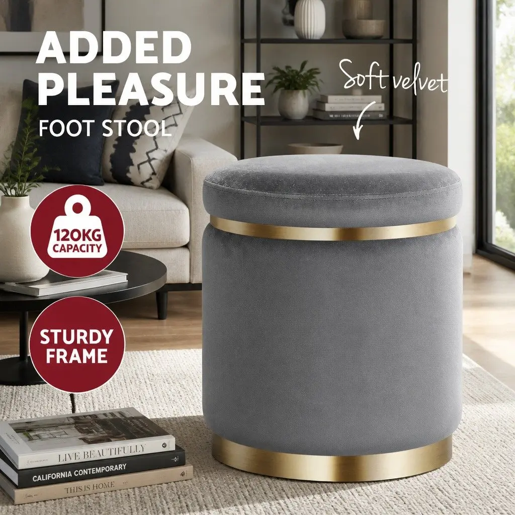 Charcoal Grey Velvet Round Ottoman Foot Stool