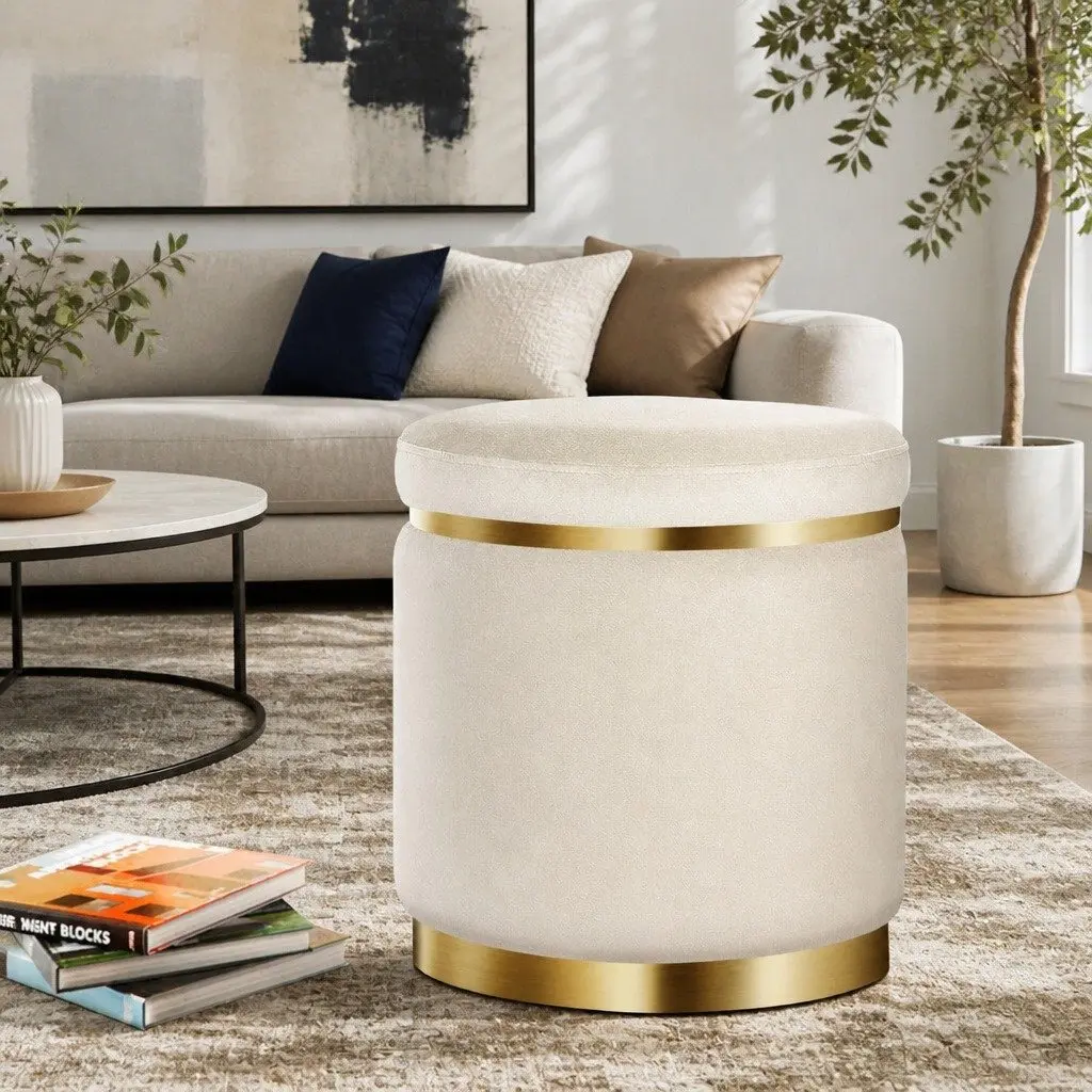 Round Velvet Upholstered Ottoman Footstool Cream Tufted Seating 38cm x 38cm x 45cm