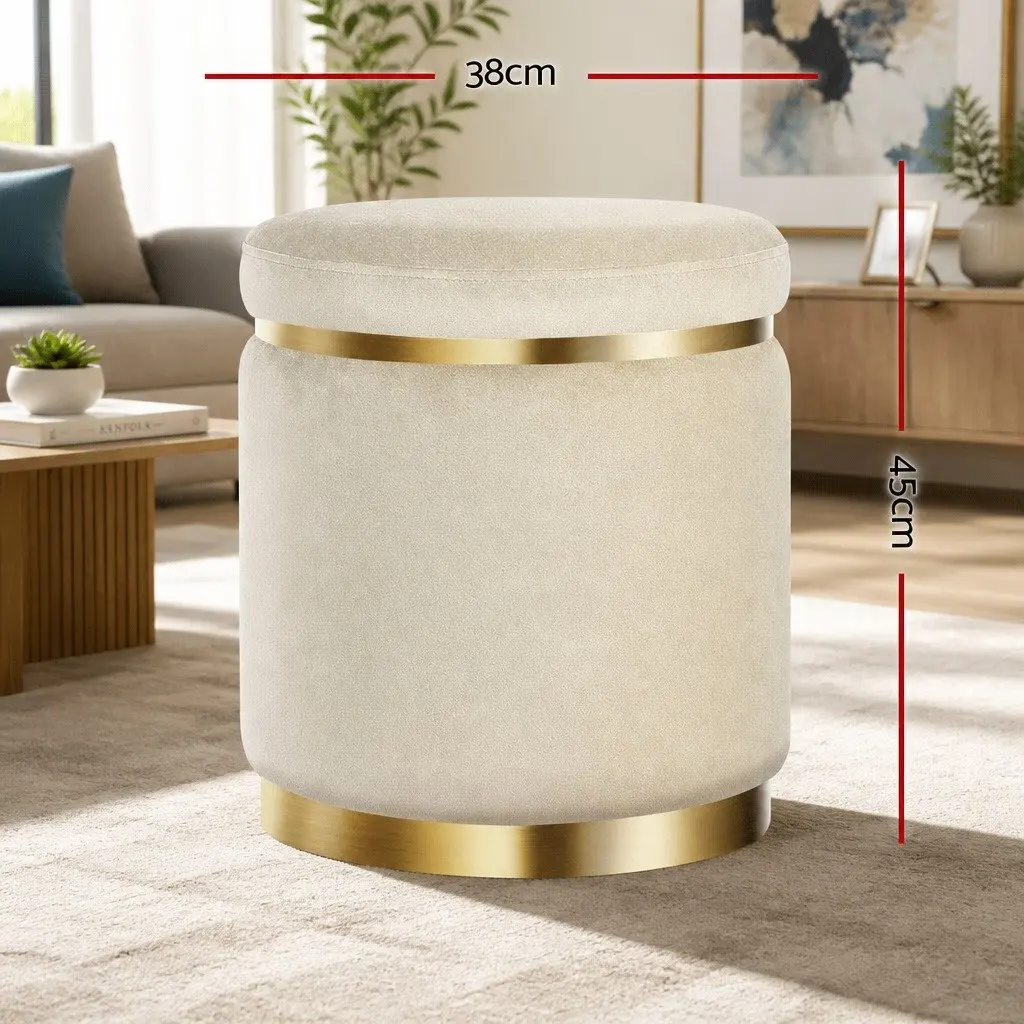 Round Velvet Upholstered Ottoman Footstool Cream Tufted Seating 38cm x 38cm x 45cm