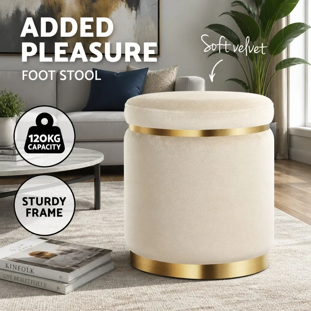 Round Velvet Upholstered Ottoman Footstool Cream Tufted Seating 38cm x 38cm x 45cm