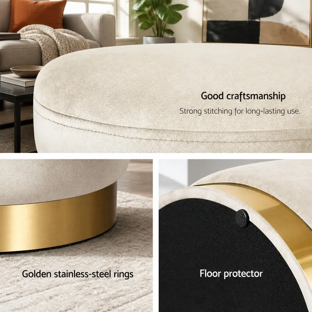 Round Velvet Upholstered Ottoman Footstool Cream Tufted Seating 38cm x 38cm x 45cm