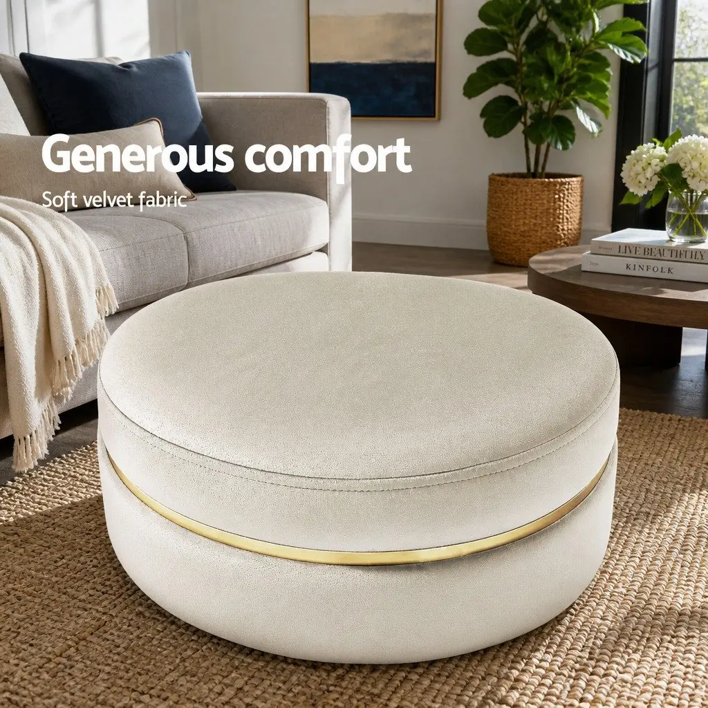 Round Velvet Upholstered Ottoman Footstool Cream Tufted Seating 38cm x 38cm x 45cm