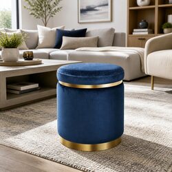 Round Navy Velvet Ottoman Foot Stool for Living Space