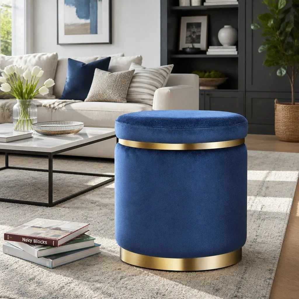 Ottoman Foot Stool Round Velvet Navy Tufted 38cm MDF Plywood Foam Padding Stainless Steel Gold Rings